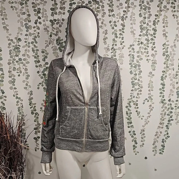 NEW Wildfox Gray Red Rose Embroidered Full Zip Jacket S - Picture 3 of 9